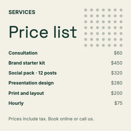 Price list · Forest · Grotesk
