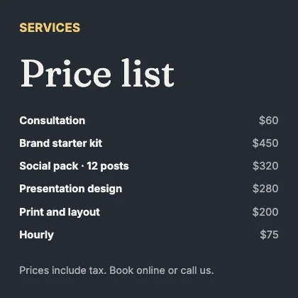 Price list · Ink dark