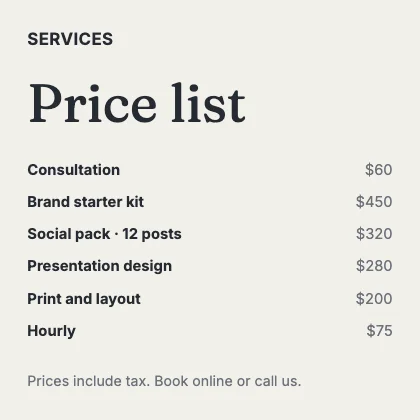 Price list · Ink