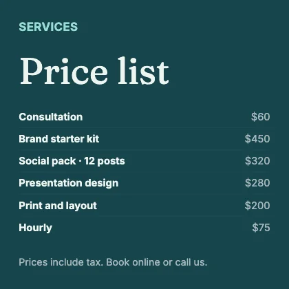 Price list · Lagoon dark