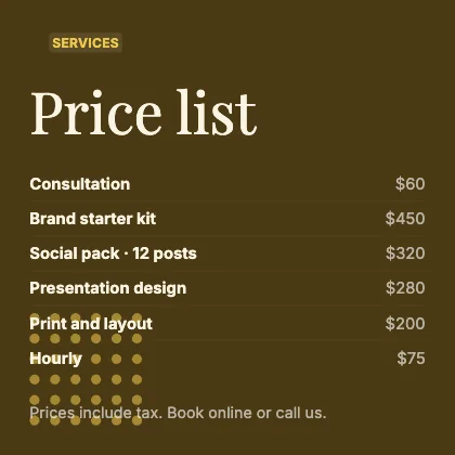 Price list · Mustard dark · Editorial