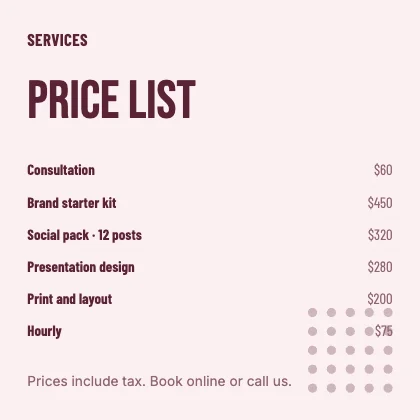 Price list · Rose · Poster