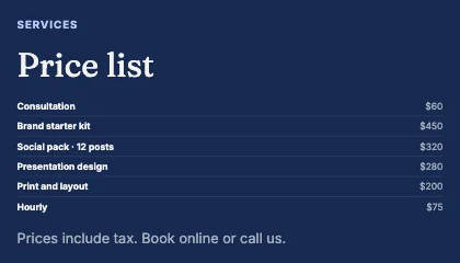 Price list · Cobalt dark