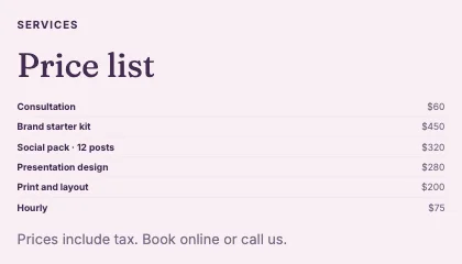 Price list · Plum