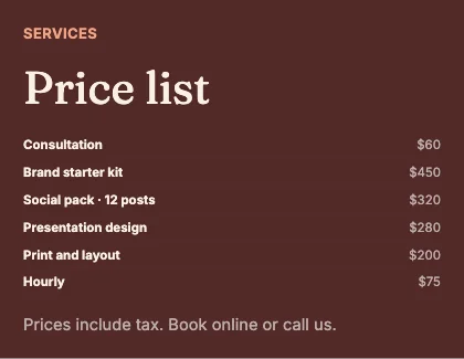 Price list · Clay dark