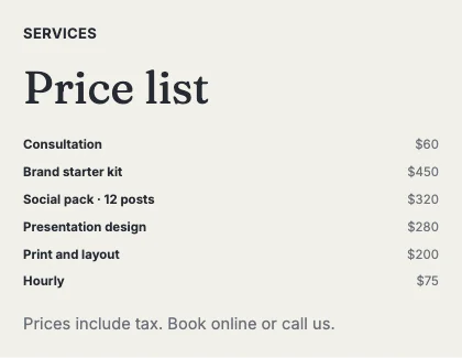 Price list · Ink