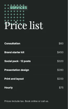Price list · Charcoal dark · Editorial