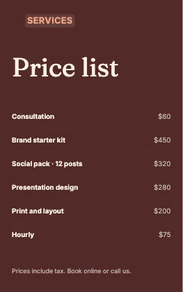 Price list · Clay dark