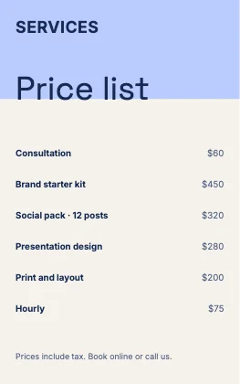 Price list · Cobalt · Grotesk