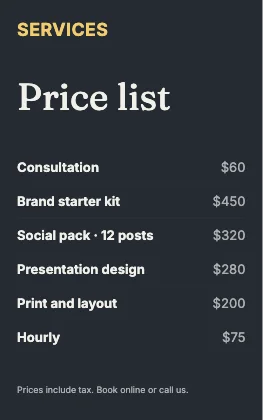 Price list · Ink dark