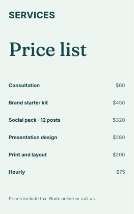 Price list · Lagoon