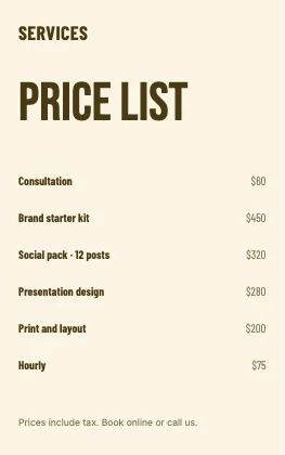 Price list · Mustard · Poster