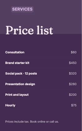 Price list · Plum dark