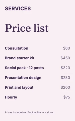 Price list · Plum