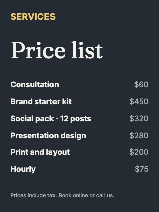 Price list · Ink dark