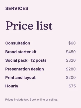 Price list · Plum