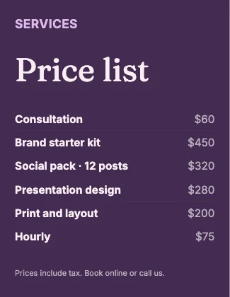 Price list · Plum dark