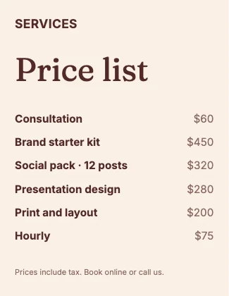 Price list · Clay