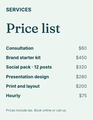 Price list · Lagoon