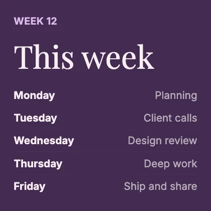 Weekly schedule · Plum dark · Editorial