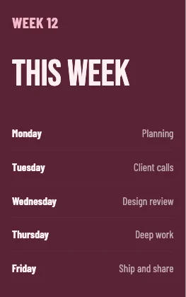 Weekly schedule · Rose dark · Poster